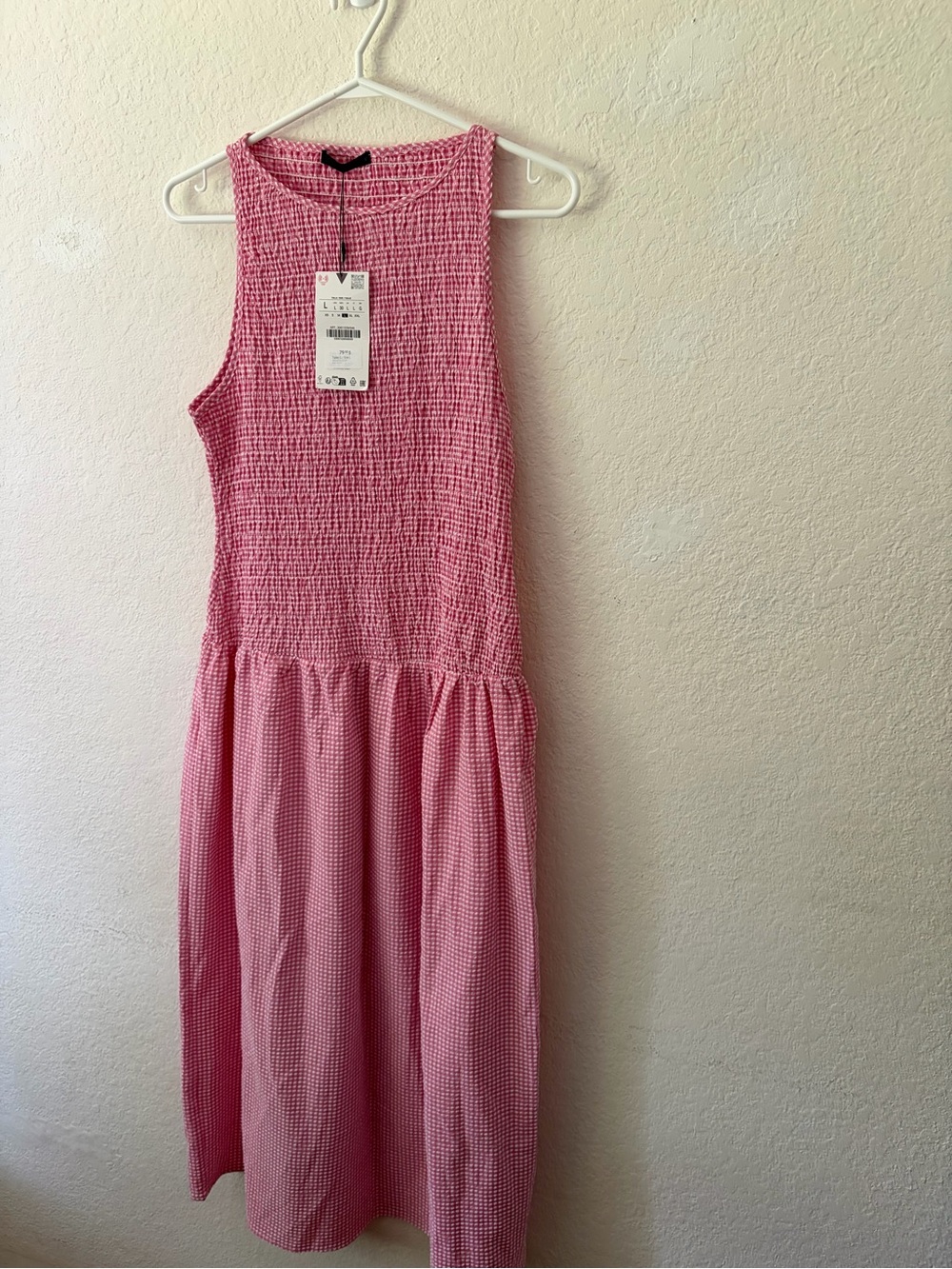 Zara Gingham Check Smocked Midi Dress Pink & White